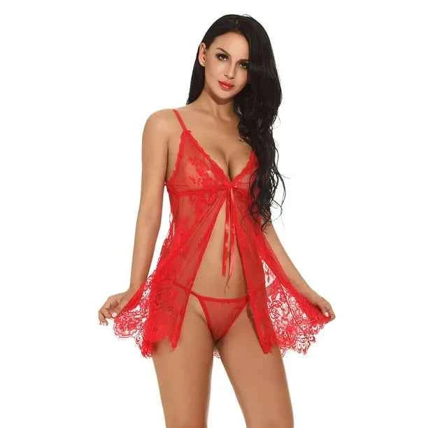 Imported Sexy Lace Lingerie Babydoll for Women – Sheer Nightwear Set with G-String | Model 8135