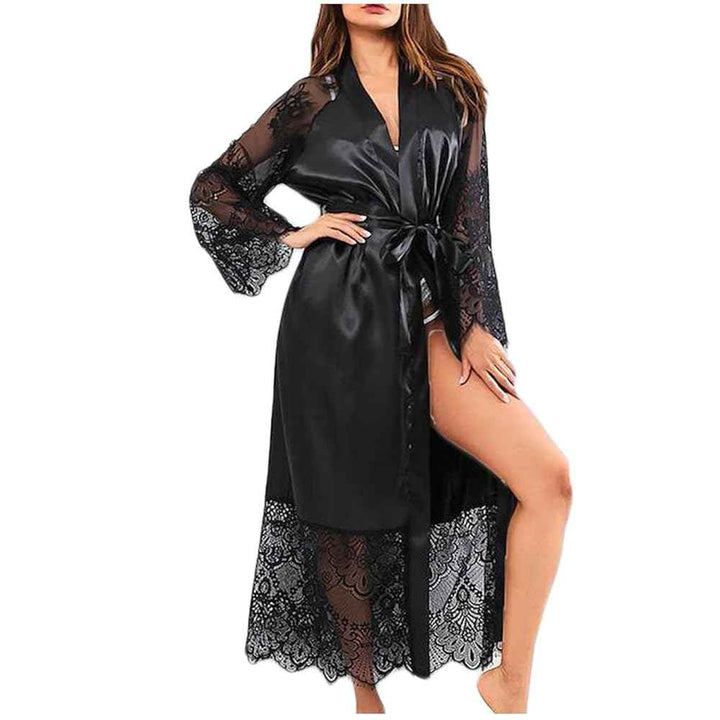 3Pcs Imported Women's Luxury Satin Robe with Bikini Lingerie Set – Full-Length Kimono Nightwear with Lace Trim | Red & Black