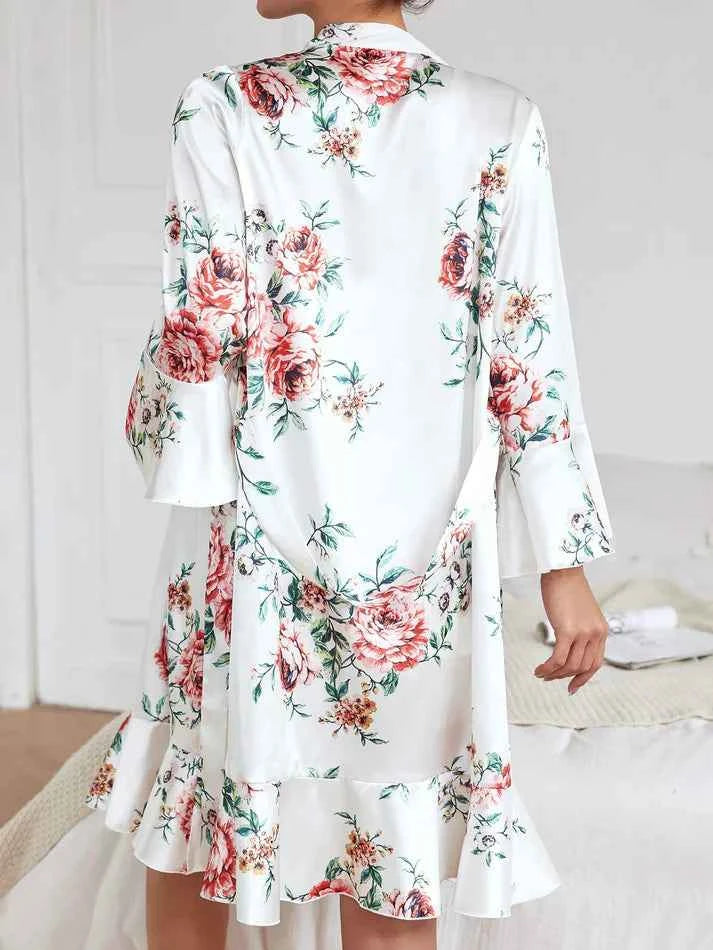 2Pcs Imported  Floral Nightwear Set with Belted Robe-7078