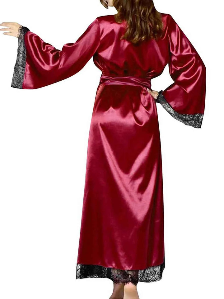 3Pcs Imported Women's Luxury Satin Robe with Bikini Lingerie Set – Full-Length Kimono Nightwear with Lace Trim | Red & Black