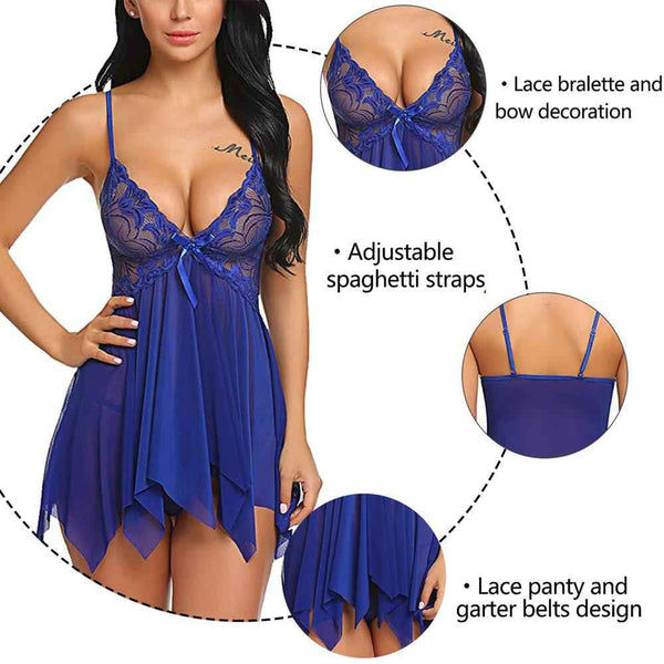 Women's Sexy Lace Babydoll Lingerie Nightwear – Free Size, Adjustable Straps, Matching Panty – Ideal for Romantic Nights, Honeymoons & Gifts