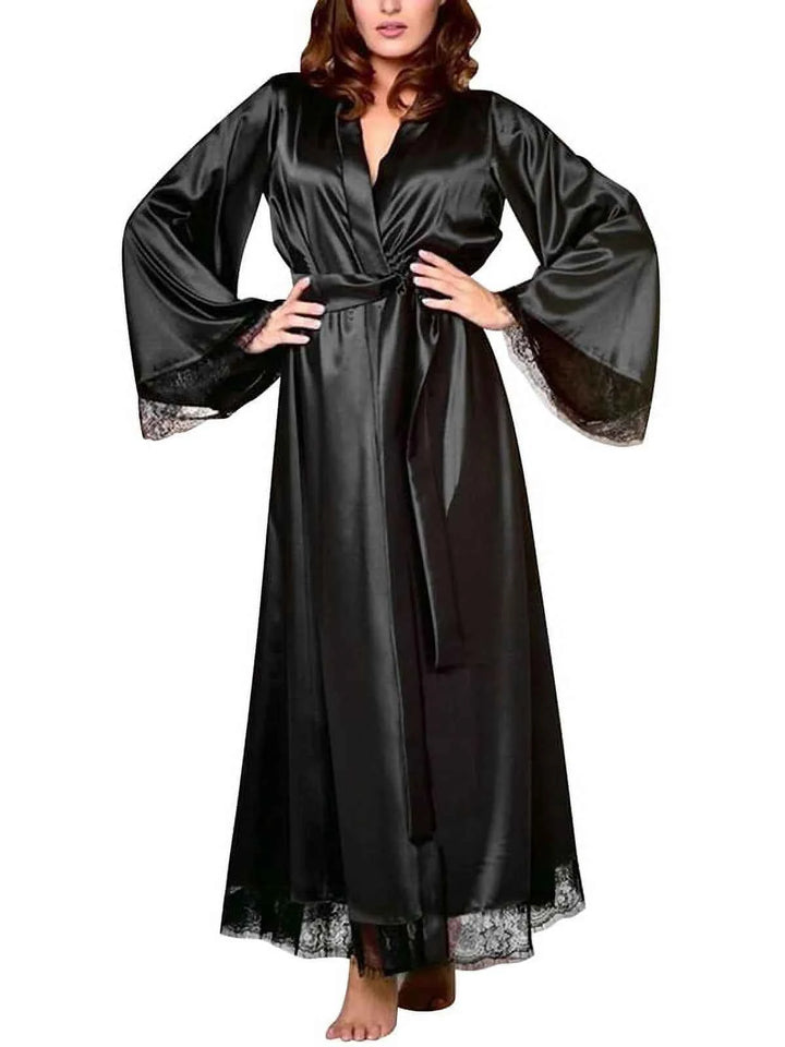 3Pcs Imported Women's Luxury Satin Robe with Bikini Lingerie Set – Full-Length Kimono Nightwear with Lace Trim | Red & Black