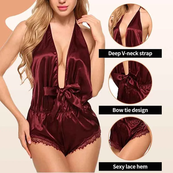 Imported Satin Lace Deep V Teddy – Sexy Sleepwear Romper for Women