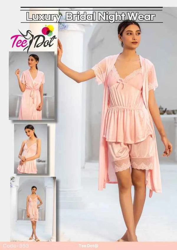 Elegant Women’s Bridal Nightwear – 3 Piece Satin Night Dress Set | code – 353