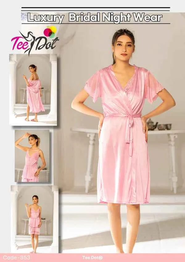Elegant Women’s Bridal Nightwear – 3 Piece Satin Night Dress Set | code – 353