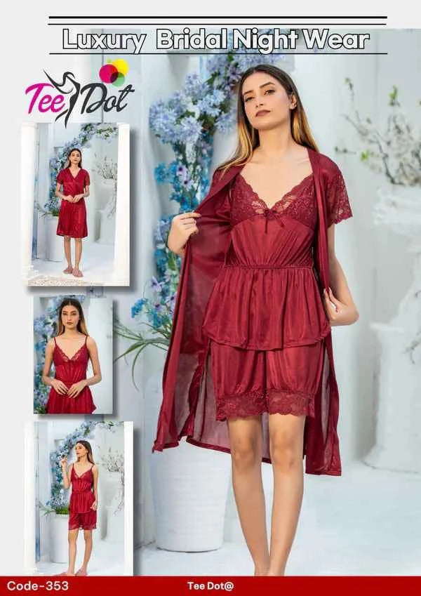 Elegant Women’s Bridal Nightwear – 3 Piece Satin Night Dress Set | code – 353