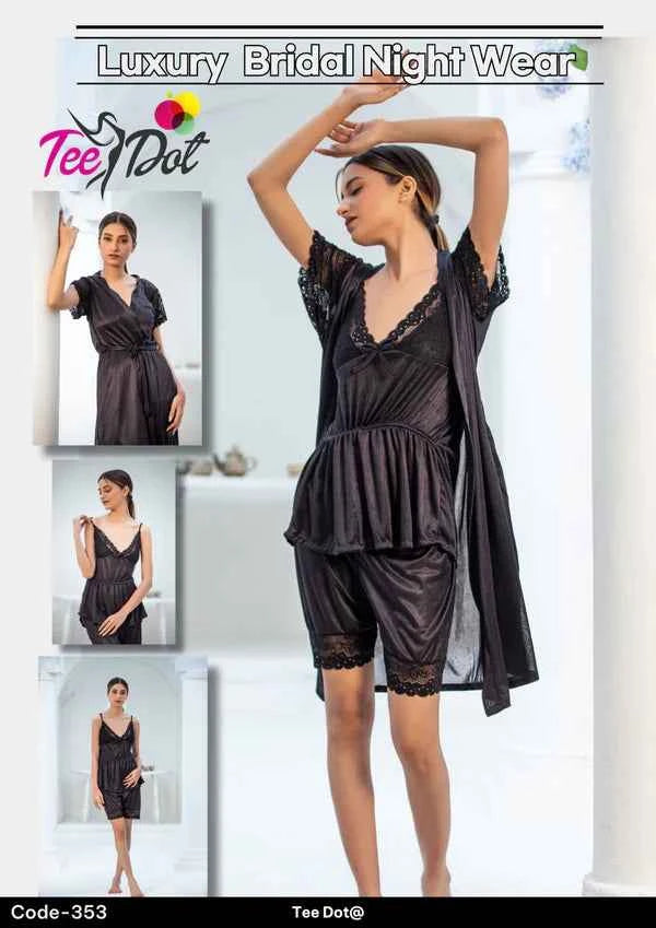 Elegant Women’s Bridal Nightwear – 3 Piece Satin Night Dress Set | code – 353