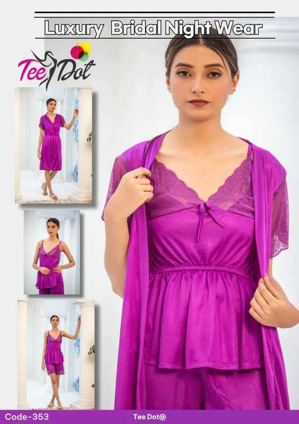 Elegant Women’s Bridal Nightwear – 3 Piece Satin Night Dress Set | code – 353