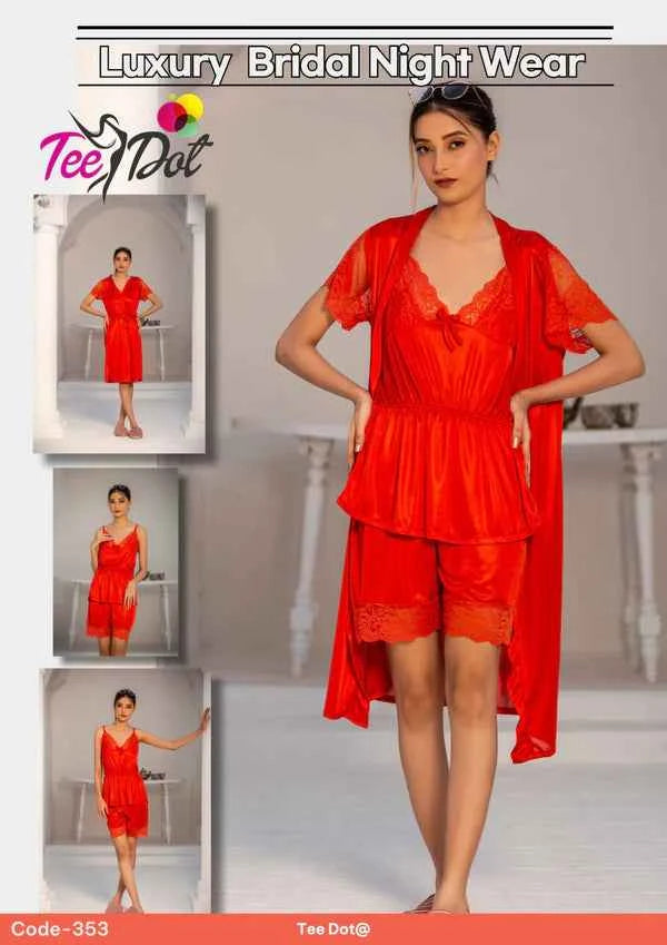 Elegant Women’s Bridal Nightwear – 3 Piece Satin Night Dress Set | code – 353