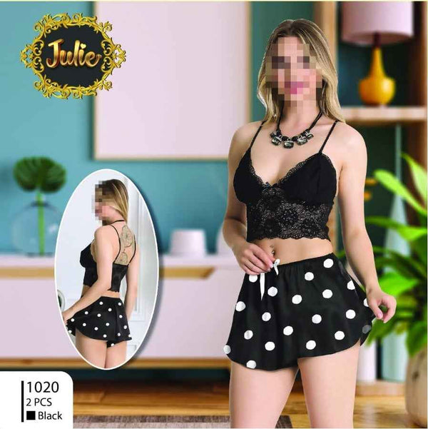 Women's Black Lace Bralette & Polka Dot Shorts Nightwear Set | Sexy Sleepwear & Loungewear | Inner Top and Short Cami Set