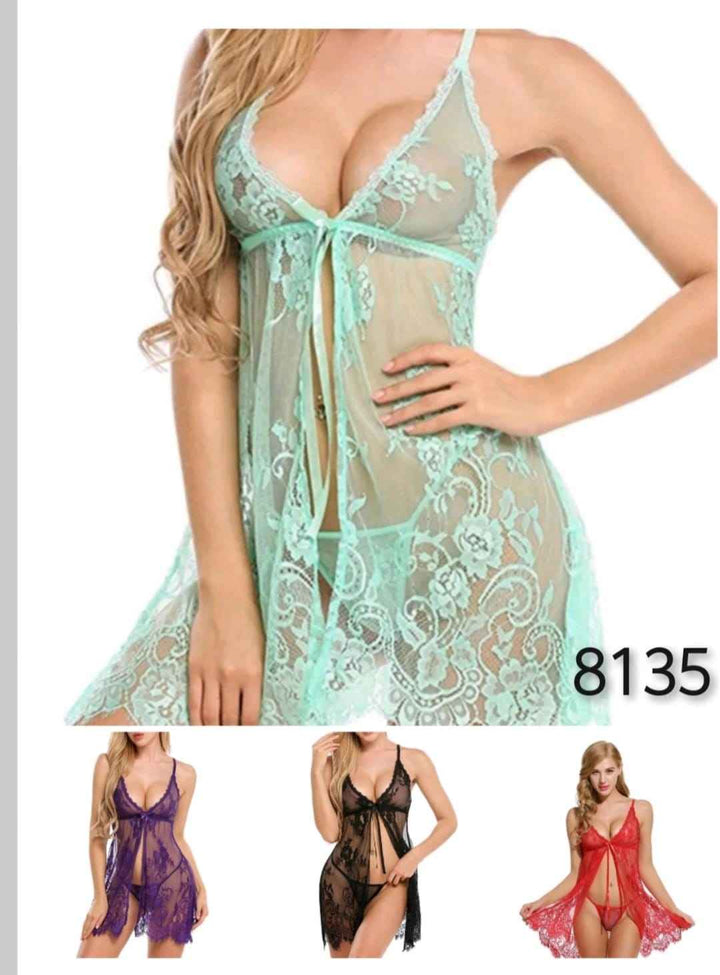 Imported Sexy Lace Lingerie Babydoll for Women – Sheer Nightwear Set with G-String | Model 8135