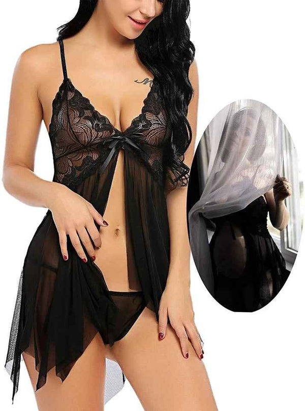 Women's Sexy Sheer Lace Babydoll Nightwear with Panty | Black Lingerie Set for Women | Article 6636