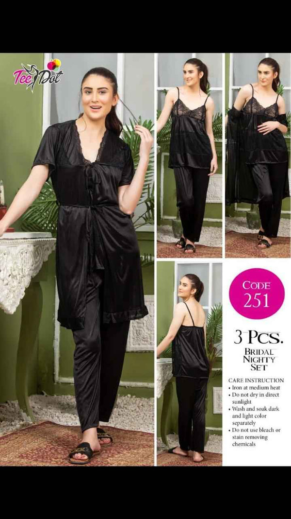 Luxury 3 Pcs Bridal Nighty Set – Satin Sleepwear with Robe Top & Pajama Code–251