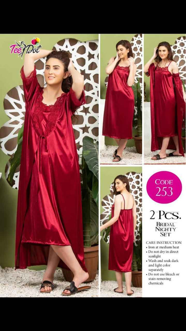 2Pcs Bridal Nighty Set – Premium Long Satin Nightwear with Robe & Slip Code-253