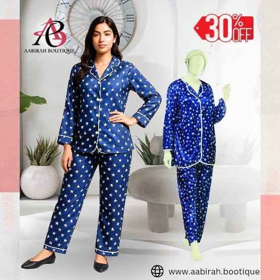 Imported 2 Pcs Pajama Set – Blue Satin Nightwear Shirt & Trouser for Women Code JP-2200
