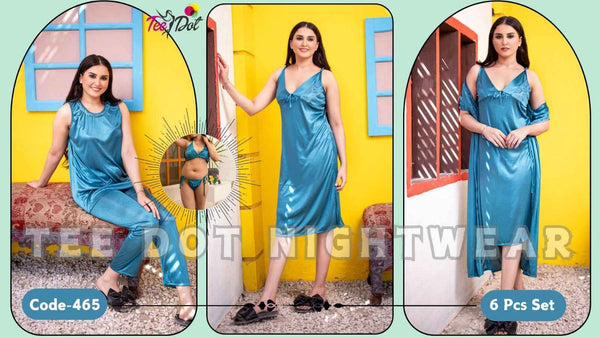 Luxury 6 Pcs Bridal Nightwear Set – Satin Sleepwear with Gown, Nighty, Pajama, Top, Robe & Lingerie – Code 465