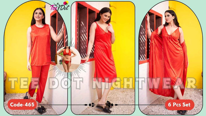 Luxury 6 Pcs Bridal Nightwear Set – Satin Sleepwear with Gown, Nighty, Pajama, Top, Robe & Lingerie – Code 465