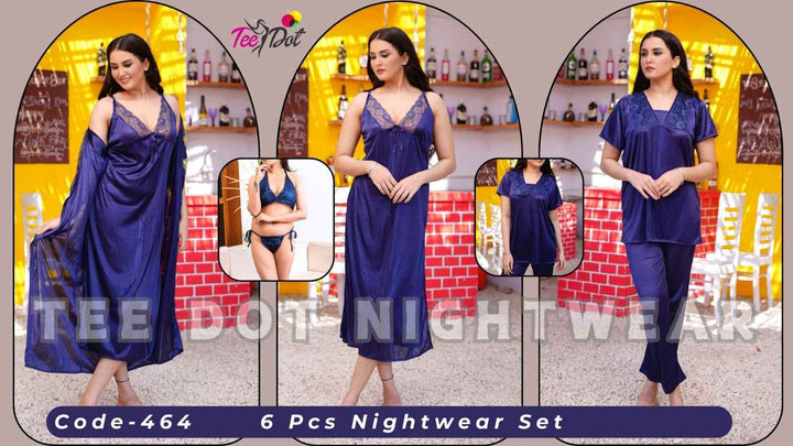 Imported 6 Pcs Bridal Nightwear Set – Premium Satin Sleepwear with Long Gown, Nighty, Robe, Pajama, Top & Lingerie – Code 465