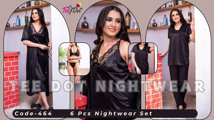 Imported 6 Pcs Bridal Nightwear Set – Premium Satin Sleepwear with Long Gown, Nighty, Robe, Pajama, Top & Lingerie – Code 465