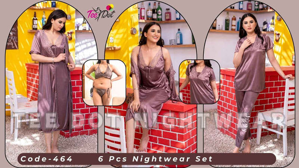 Imported 6 Pcs Bridal Nightwear Set – Premium Satin Sleepwear with Long Gown, Nighty, Robe, Pajama, Top & Lingerie – Code 465