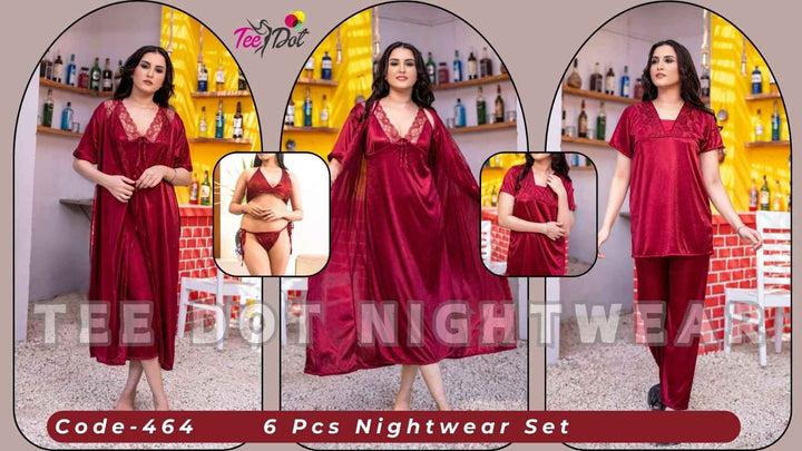 Imported 6 Pcs Bridal Nightwear Set – Premium Satin Sleepwear with Long Gown, Nighty, Robe, Pajama, Top & Lingerie – Code 465