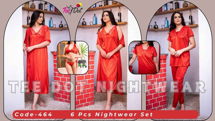 Imported 6 Pcs Bridal Nightwear Set – Premium Satin Sleepwear with Long Gown, Nighty, Robe, Pajama, Top & Lingerie – Code 465