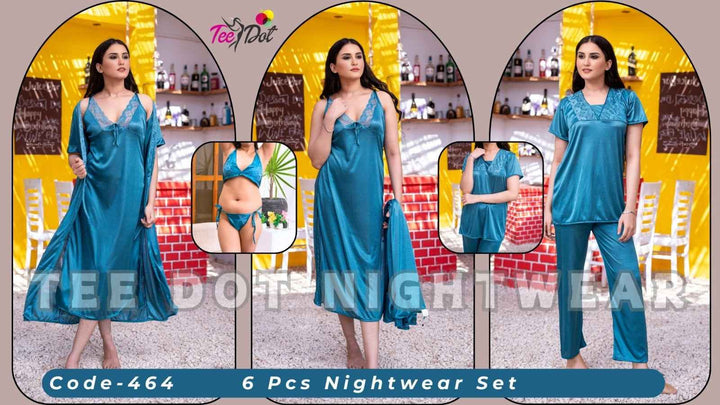 Imported 6 Pcs Bridal Nightwear Set – Premium Satin Sleepwear with Long Gown, Nighty, Robe, Pajama, Top & Lingerie – Code 465
