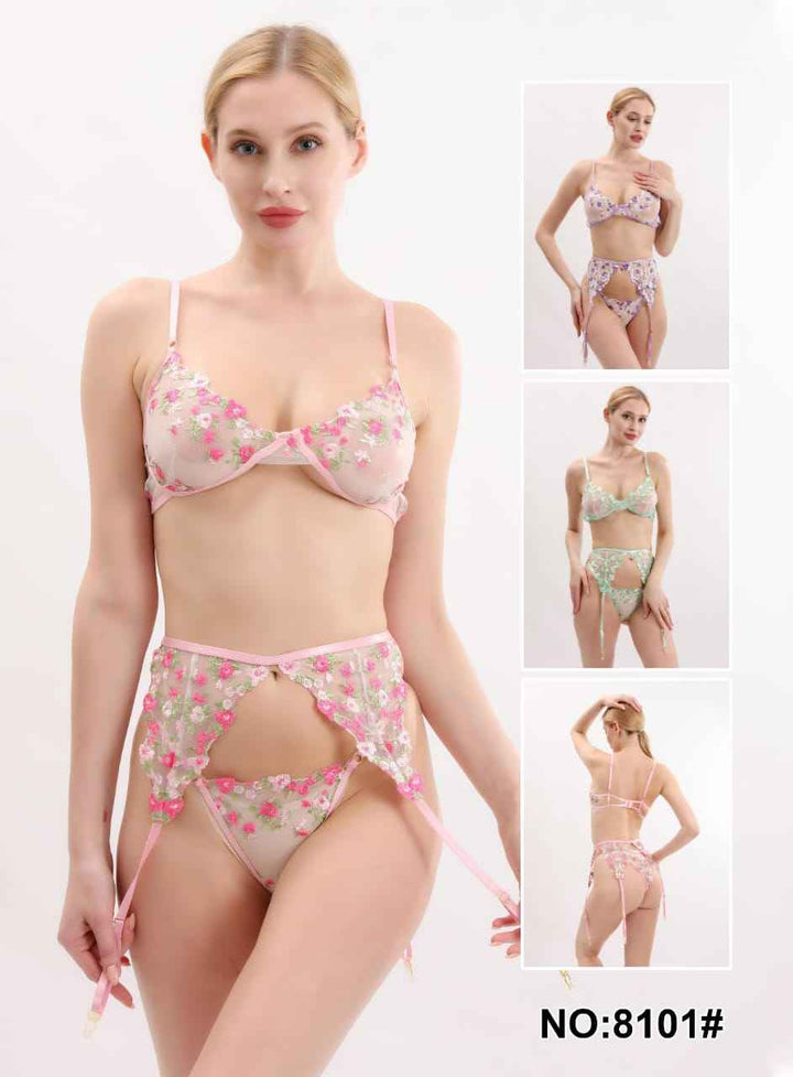 Floral Embroidered Sheer Lingerie Set with Garter Belt – Style 8101