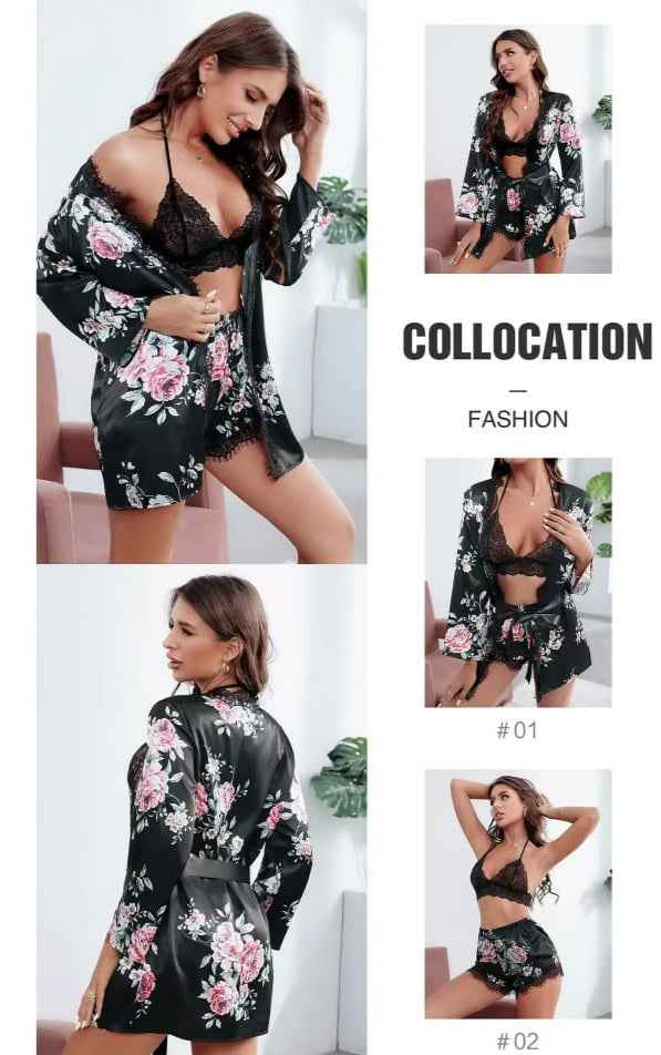3-Piece Floral Satin Lace Lingerie Set – Robe, Bralette & Shorts | Spring Collection | A-B#7020