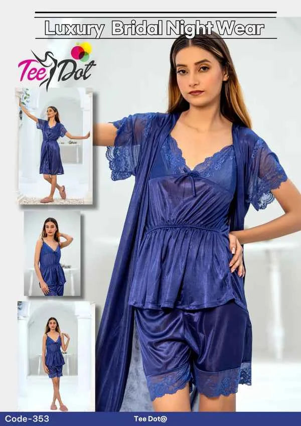 Elegant Women’s Bridal Nightwear – 3 Piece Satin Night Dress Set | code – 353