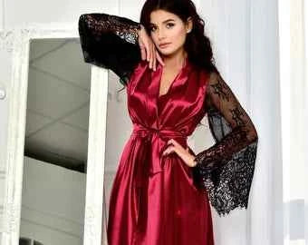 3Pcs Imported Women's Luxury Satin Robe with Bikini Lingerie Set – Full-Length Kimono Nightwear with Lace Trim | Red & Black