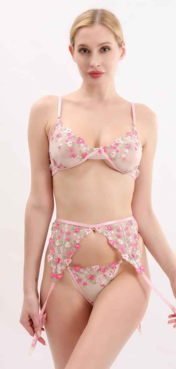 Floral Embroidered Sheer Lingerie Set with Garter Belt – Style 8101