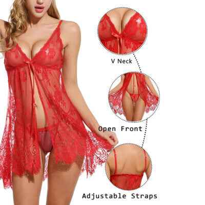 Imported Sexy Lace Lingerie Babydoll for Women – Sheer Nightwear Set with G-String | Model 8135