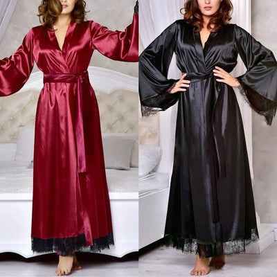 3Pcs Imported Women's Luxury Satin Robe with Bikini Lingerie Set – Full-Length Kimono Nightwear with Lace Trim | Red & Black