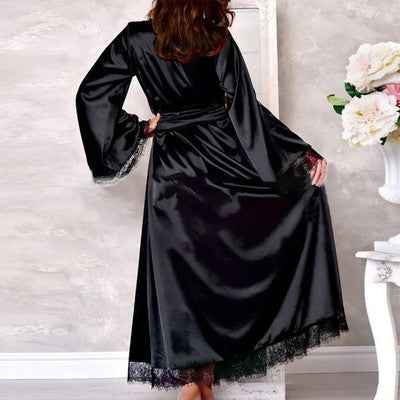 3Pcs Imported Women's Luxury Satin Robe with Bikini Lingerie Set – Full-Length Kimono Nightwear with Lace Trim | Red & Black